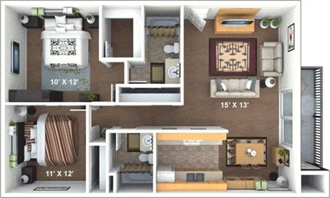 Floor plan for 2 beds, 2 baths, 864 sqft